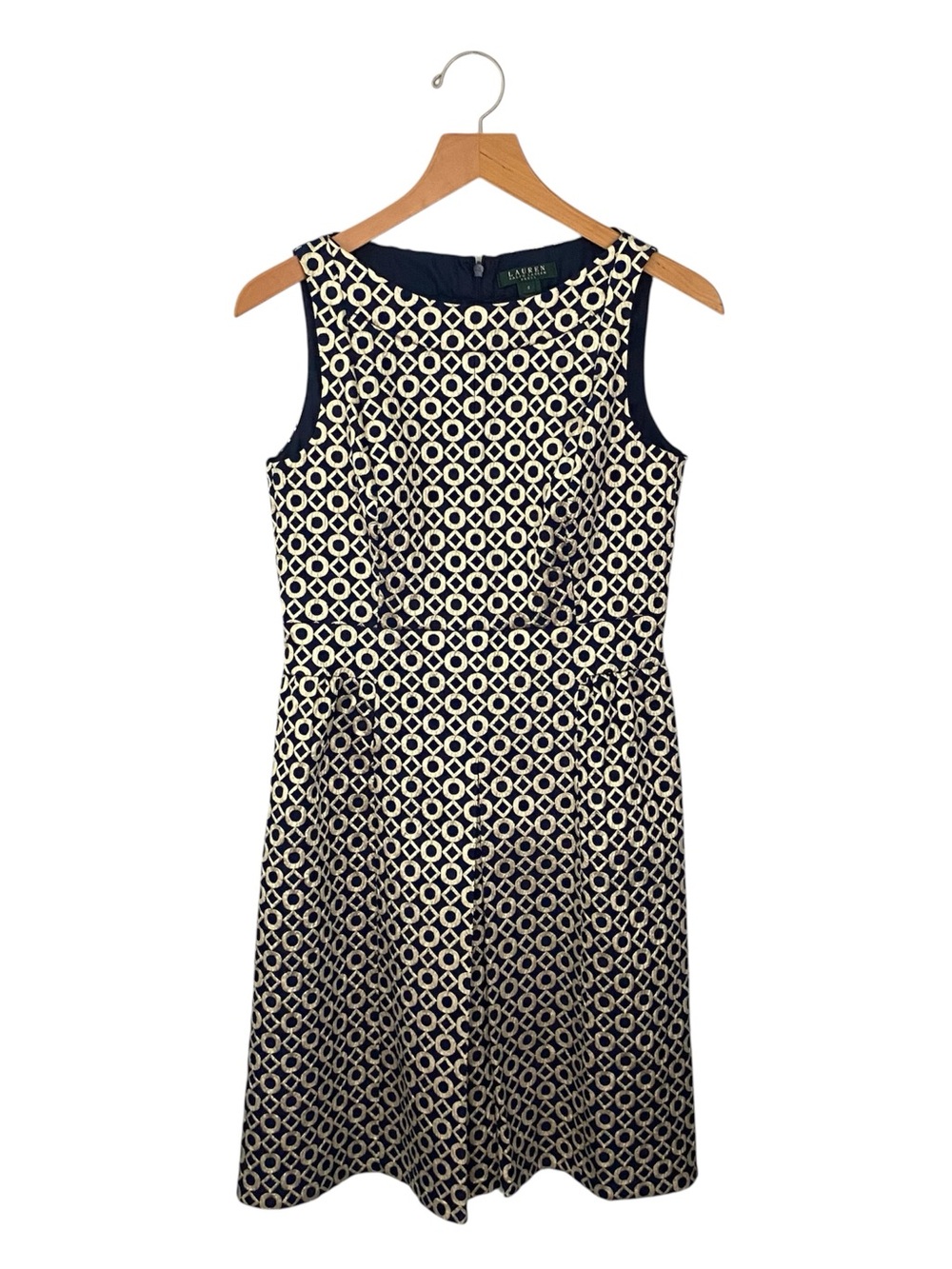 Lauren Ralph Lauren Navy Blue Gold Geometric Jacquard Brocade Dress Sz 8 Formal